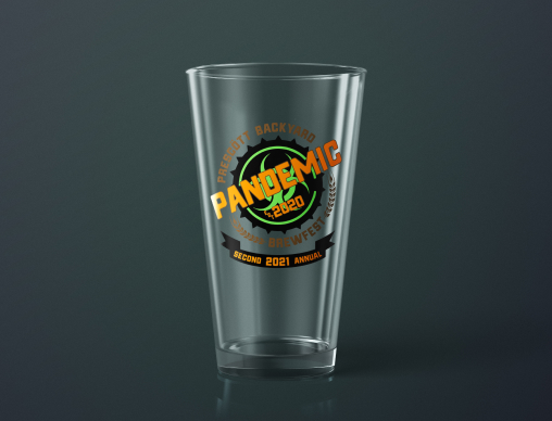 Glass cup with the Prescott Backyard Pandemic Brewfest (PBPB) logo.